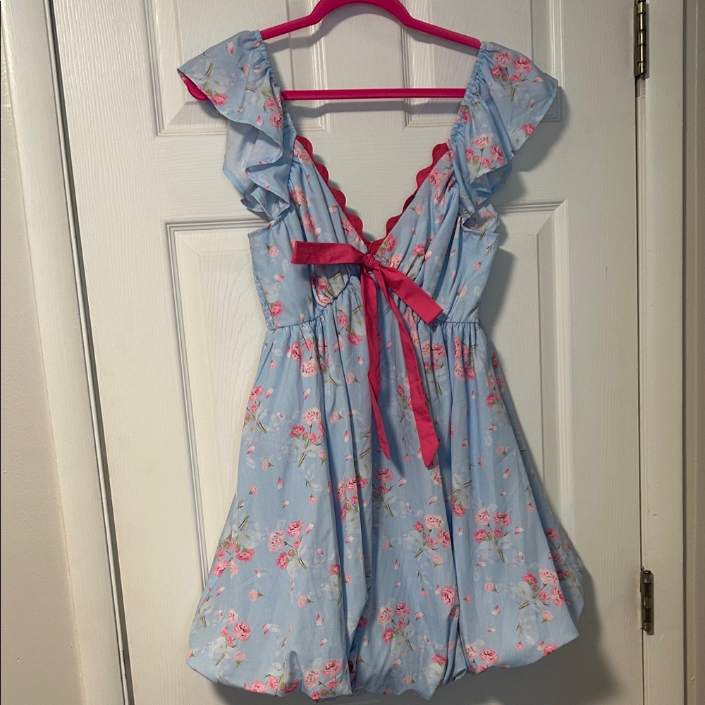 Floral Ruffle Mini Bubble Dress in Blue and Pink